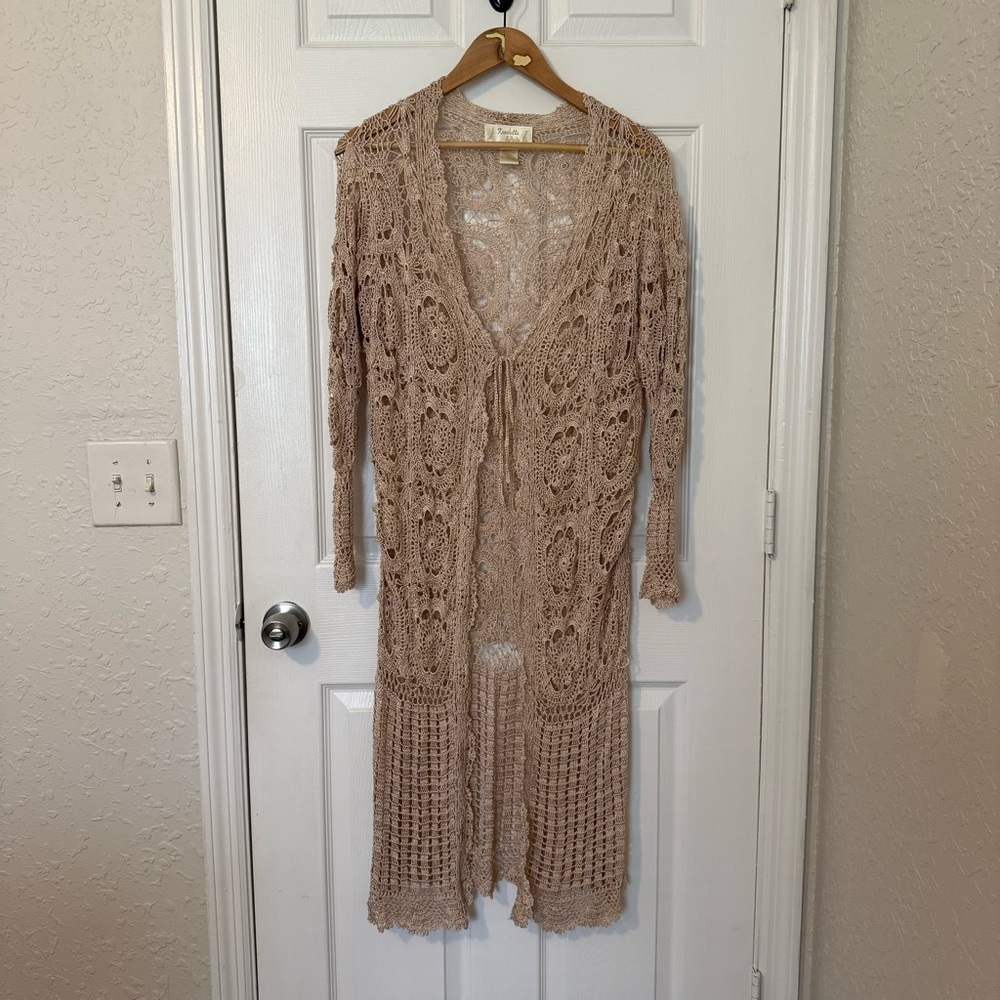 Vtg Kroshetta by Papillon Brown Crochet Beaded Open Knit Cardigan Boho Y2K Sz L
